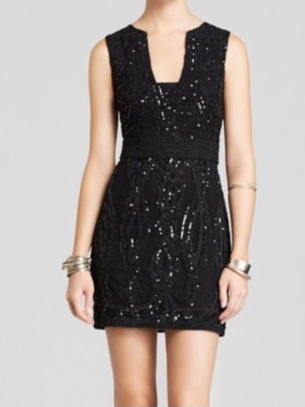 Free People Black Sequin Embellished V-Notch Mini Dress. Size 2